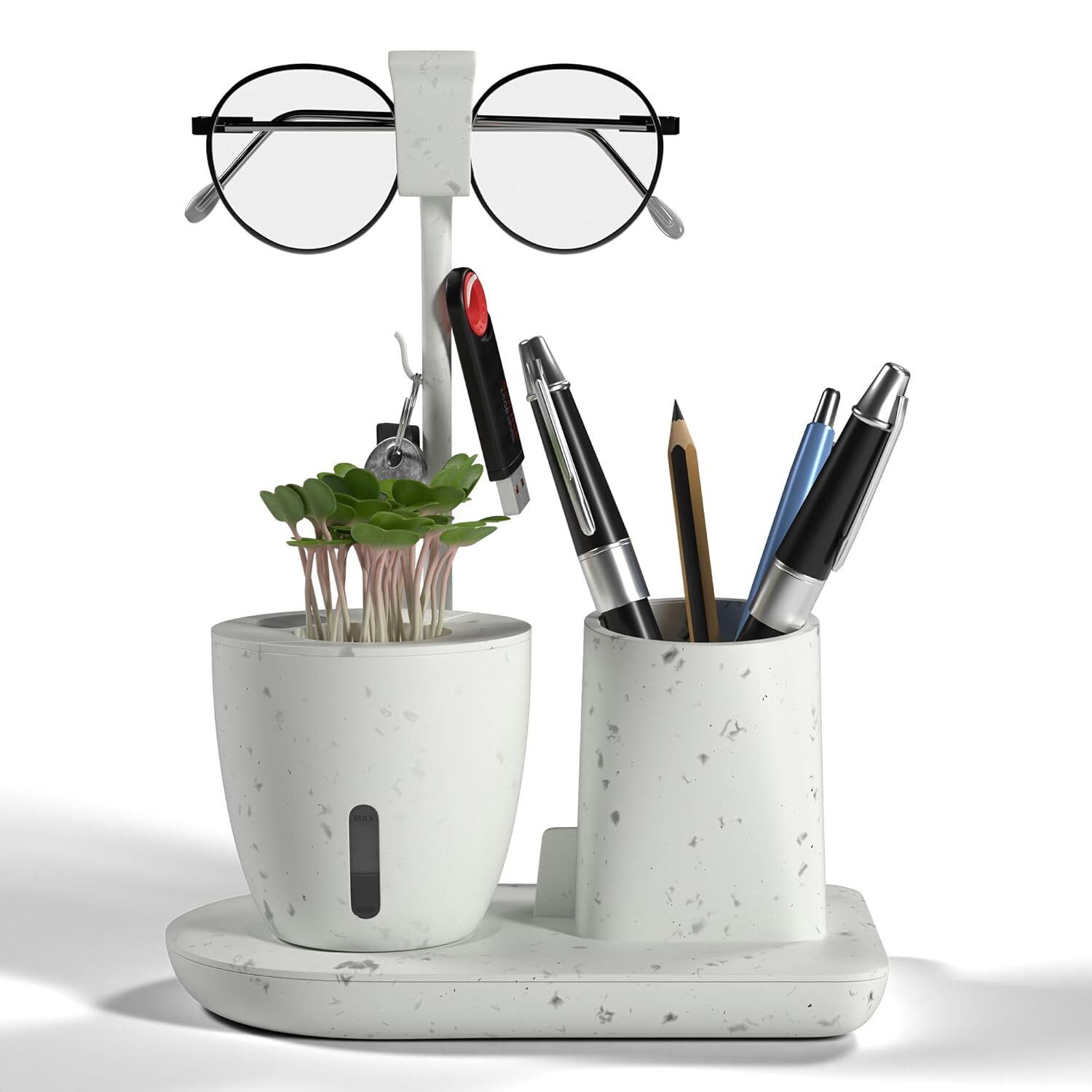 Pen Stand for Study Table with Self-Watering Plant Pot, Glasses & Smartphone Holder – Desk Organizer